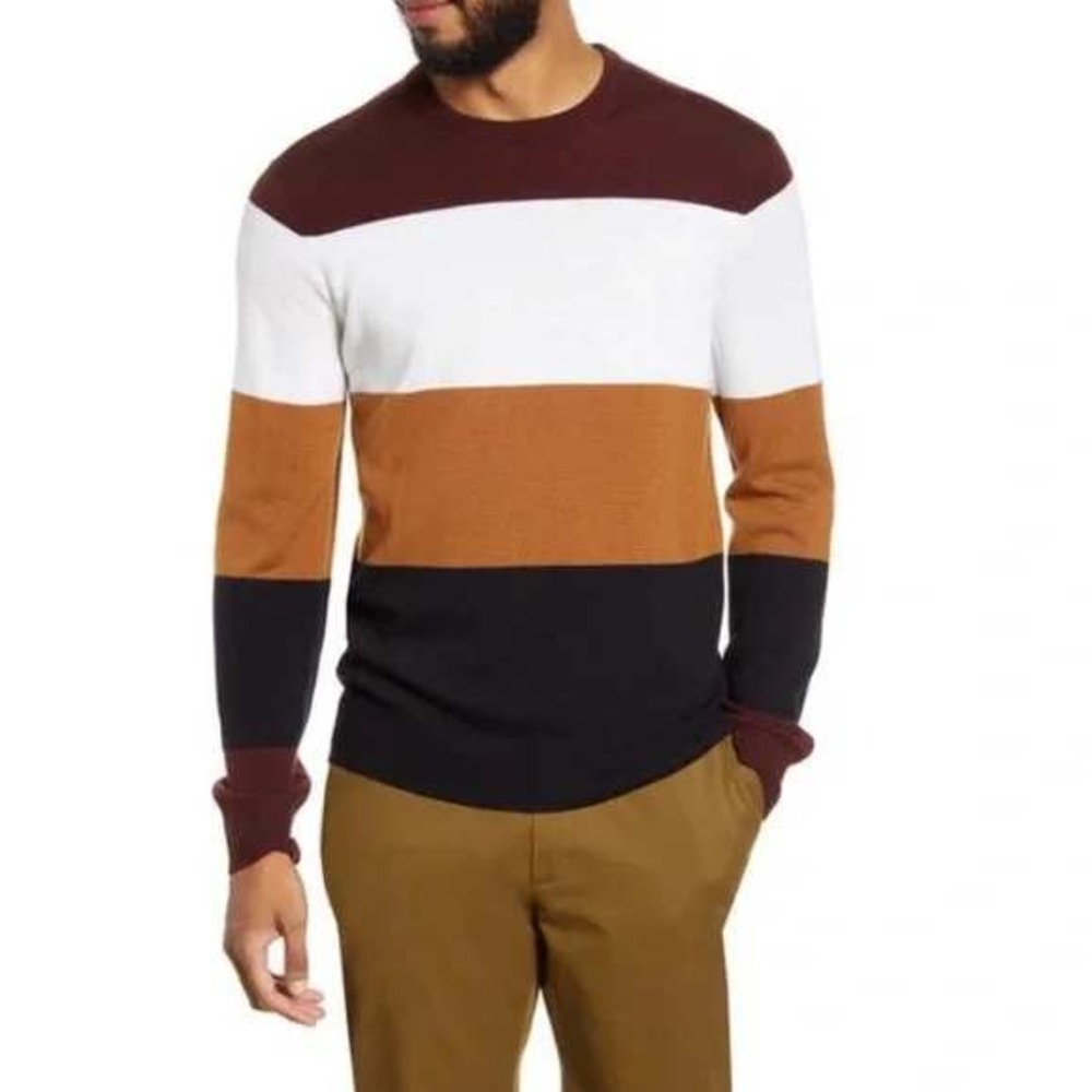 Club‎ Monaco Mens Striped 100% Wool Sweater M Burgundy Navy Quiet Luxury Preppy
